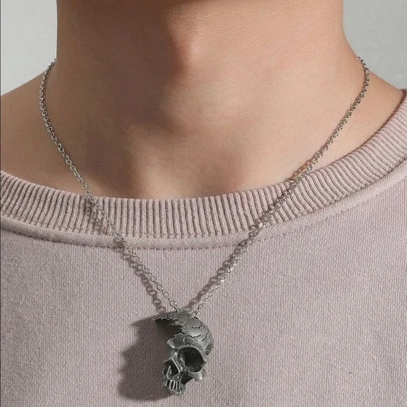 “Shattered Skull” Broken Half Gunmetal Steel Goth Punk Halloween Unisex Necklace - Picture 7 of 16